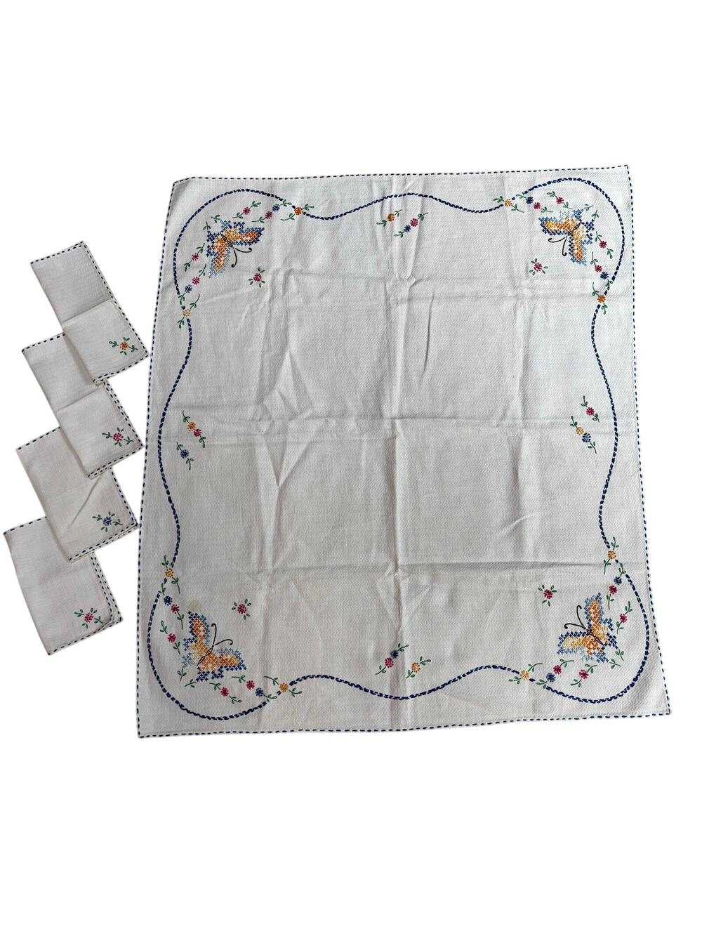 Bridge cloth & 4 matching napkins set cotton hand embroidery colorful floral